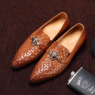 新款 小皮鞋 透气手工编织男式 英伦风潮流正装 男黑色 休闲皮鞋 夏季