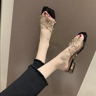 女鞋 外穿低跟一字拖2025夏季 大码 脚宽胖妹妹拖鞋 女 时尚 凉透明拖鞋