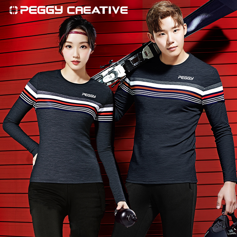 韩国佩极羽毛球服男女同款条纹长袖运动速干T恤圆领休闲健身上衣