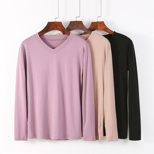 纯色T恤衫 女长袖 莫代尔大弹力V领秋衣胖MM纯色打底上衣 大码 新款