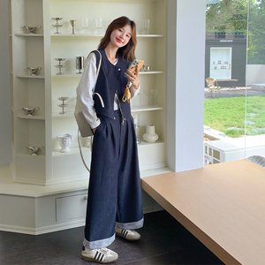 韩系松弛感套装女2025年秋季新款复古设计感马甲休闲阔腿裤两件套图片