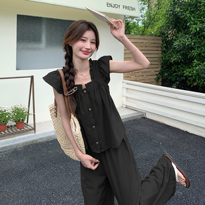 黑色气质飞飞袖小衫阔腿裤女夏装新款学院风显瘦休闲长裤两件套图片