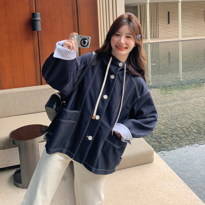 独特漂亮撞色短款连帽工装牛仔外套女春秋2025新款设计感休闲夹克图片
