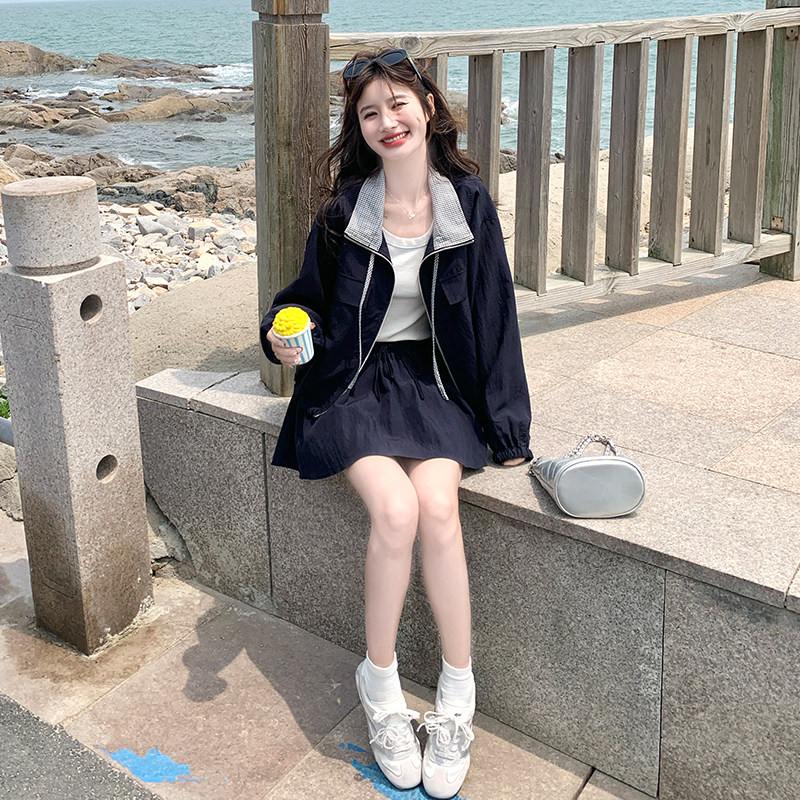 韩系chic穿搭蓝色上衣套装女春秋超火好看高级小众半身短裙两件套,女装运动套装,浙宝285（原212）