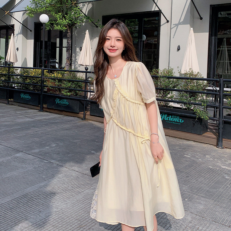 法式甜美圆领雪纺连衣裙女2025夏季新款韩版减龄宽松显瘦桔梗长裙,女装连衣裙,浙宝285（原212）