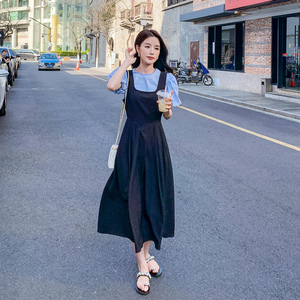 夏季茶歇法式复古减龄遮肚子显瘦泡泡袖背带连衣裙洋气女图片