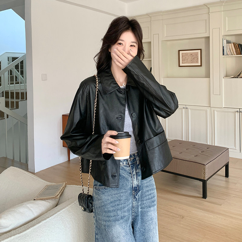 甜酷复古PU皮衣外套女2025早春新款黑色小翻领蛋白皮小个子上衣,女装皮衣,浙宝285（原212）