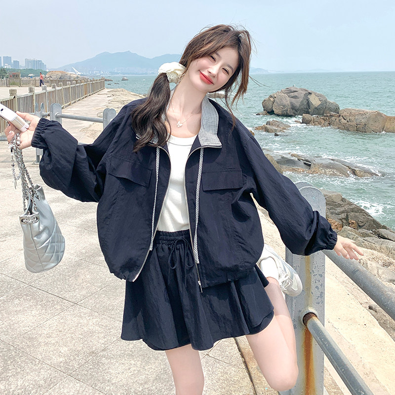 韩系chic穿搭蓝色上衣套装女春秋超火好看高级小众半身短裙两件套,女装运动套装,浙宝285（原212）