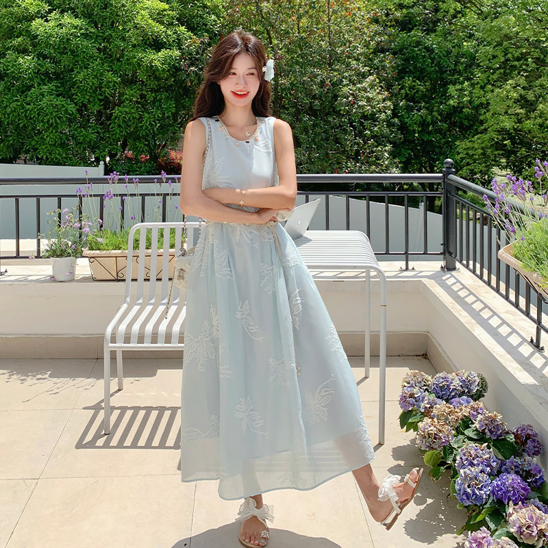 高级感度假风刺绣无袖连衣裙女2025夏新款法式漂亮绝美仙女背心裙,女装连衣裙,浙宝285（原212）