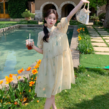 新中式印花天丝连衣裙女2024夏新款国风盘扣甜美文艺A字娃娃裙裙，女装连衣裙，浙宝285（原212）