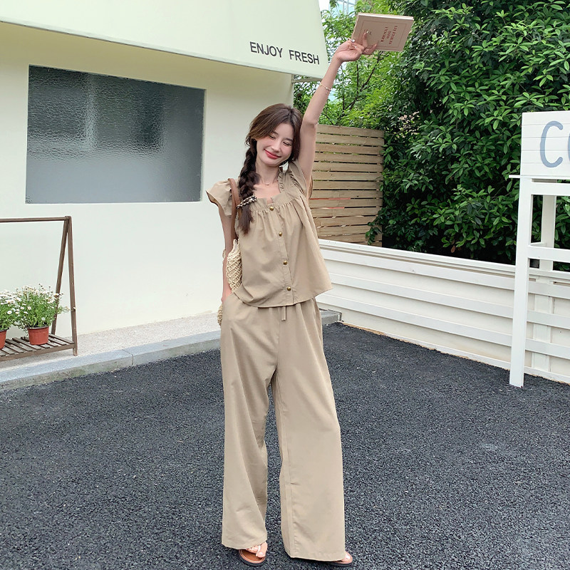 卡其色时尚棉麻连衣裙套装女夏新款学院风减龄小飞袖半身裙两件套,女装运动套装,浙宝285（原212）