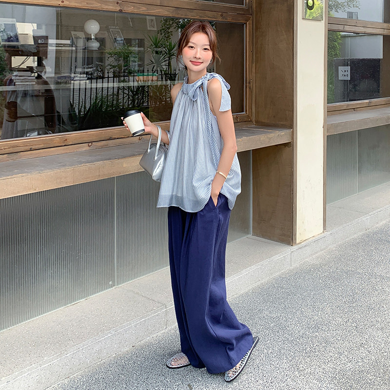 韩系格子挂脖背心套装女夏新款小个子无袖上衣休闲阔腿裤两件套,女装运动套装,浙宝285（原212）