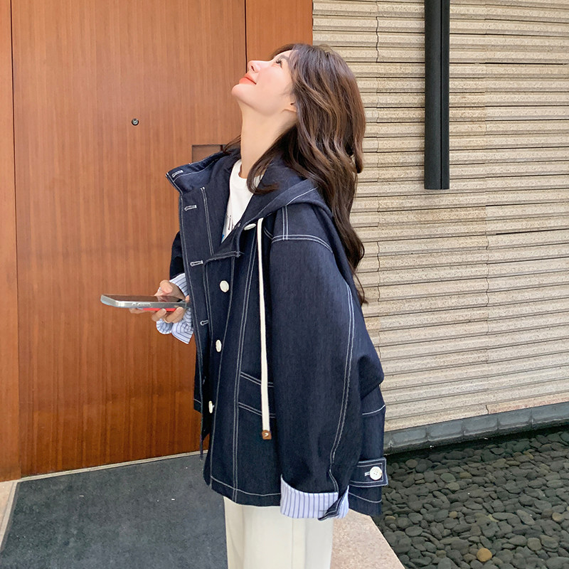 独特漂亮撞色短款连帽工装牛仔外套女春秋2025新款设计感休闲夹克,女装风衣,浙宝285（原212）