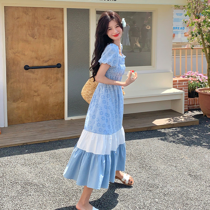 蓝色法式打揽设计高腰连衣裙女2025夏季新款印花撞色泡泡袖裙子,女装连衣裙,浙宝285（原212）