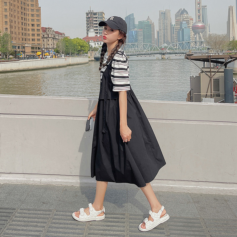 现货【新款】假俩件条纹拼接连衣裙2359款P115K165,女装连衣裙,浙宝285（原212）