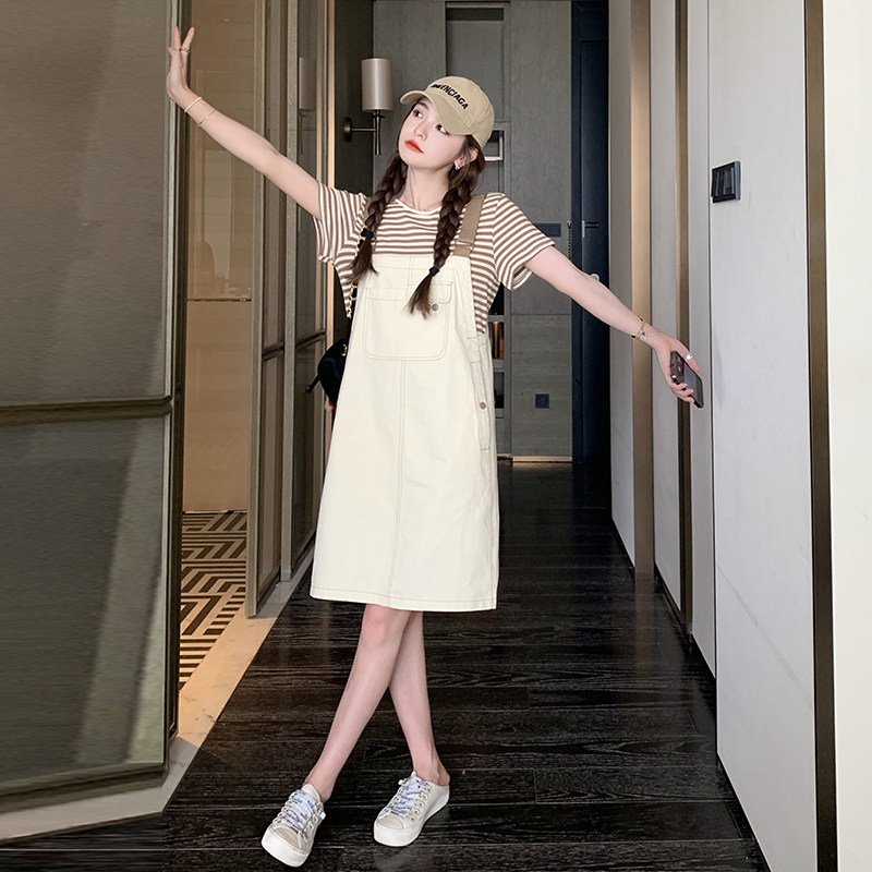 慵懒松弛感学院风背带裤女夏2025新款洋气减龄条纹T恤,女装运动套装,浙宝285（原212）