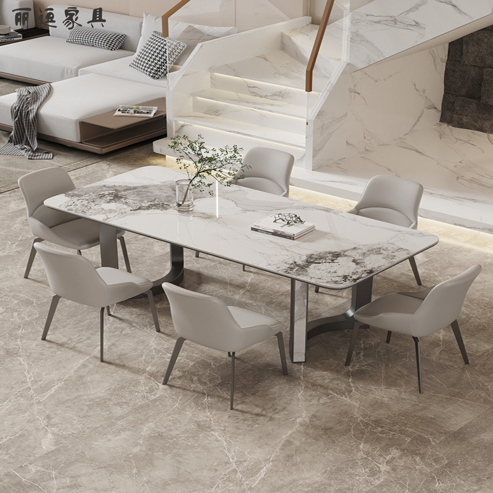 意式极简灰钢岩板餐桌现代简约长方形餐厅设计师款高端餐桌椅组合