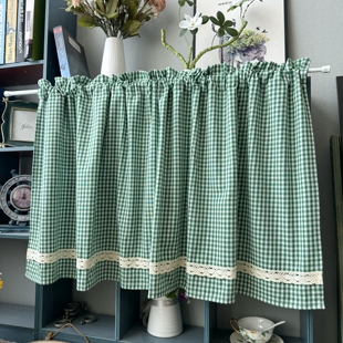 绿色小格子半帘窗帘门帘美式 乡村穿杆半截小窗帘咖啡帘柜帘遮挡帘