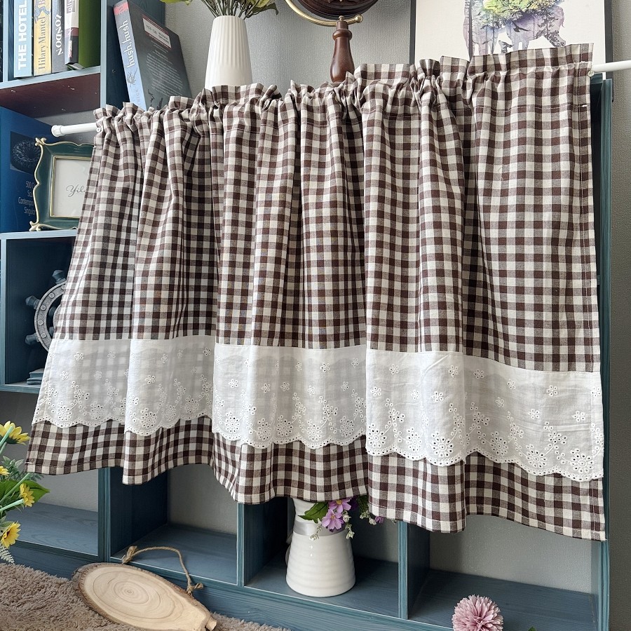 咖色格子橱柜帘门帘半截小窗帘复古卫生间厨房短帘半截宿舍桌帘