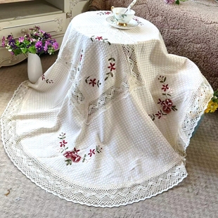 美式乡村复古圆形圆桌桌布装饰茶几柜盖巾系手绣盖布欧式圆餐桌布