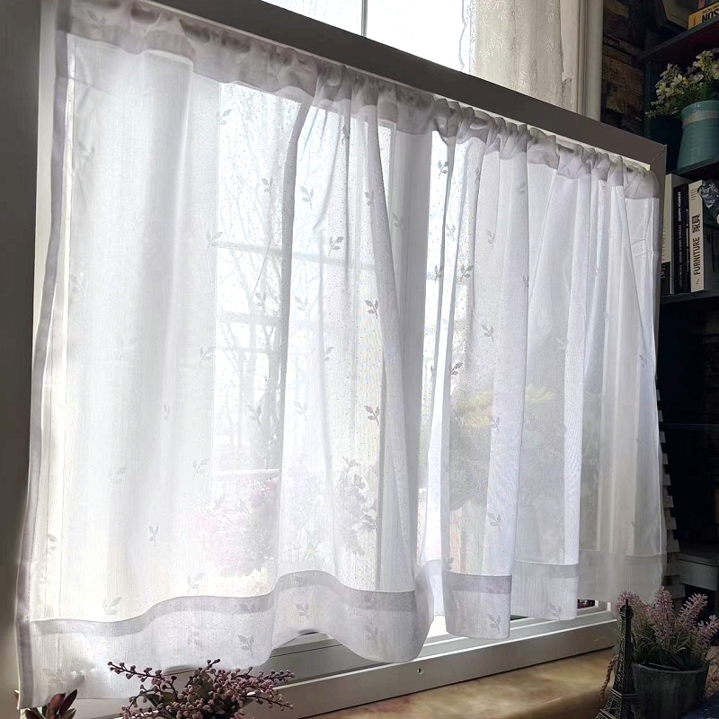 白色小叶子成品小窗帘 卫生间隔热帘透光不透人半帘厨房帘免打孔