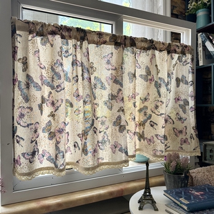 北欧橱柜帘门帘亚麻小窗帘飘窗厨房半截窗帘复古蝴蝶美式 棉麻半帘