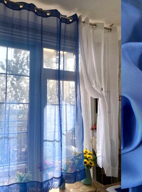 外贸，蓝色白色纯色窗帘 成品打孔窗帘窗纱帘，阳台装饰简约窗纱