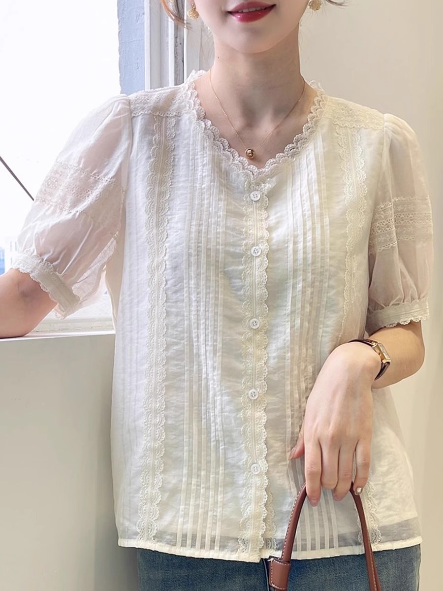 夏季法式新款蕾丝花边短袖衬衫女薄款宽松时尚气质设计感小众上衣