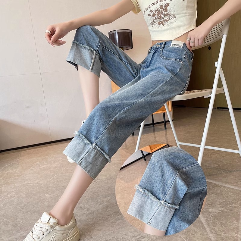 七分牛仔裤女2025新款夏季薄款高腰松紧腰卷边直筒烟管裤小个子