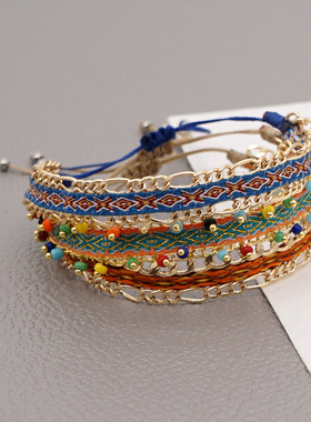 KKBEAD尼泊尔复古民族手工编织织带彩色钉珠金链波西米亚情侣