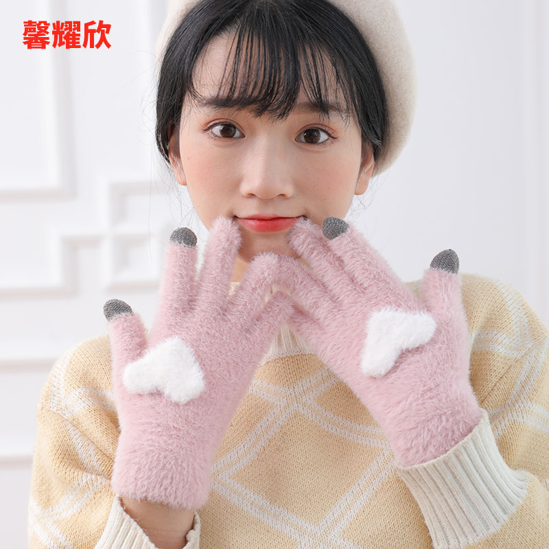 手套女冬季触屏加绒保暖可爱学生简约五指骑行防寒潮韩版毛绒针织
