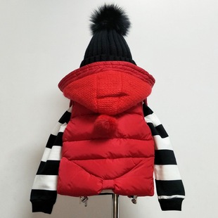 儿童立领秋冬羽绒棉马甲女童保暖带帽可拆背心女童大红色外出坎肩
