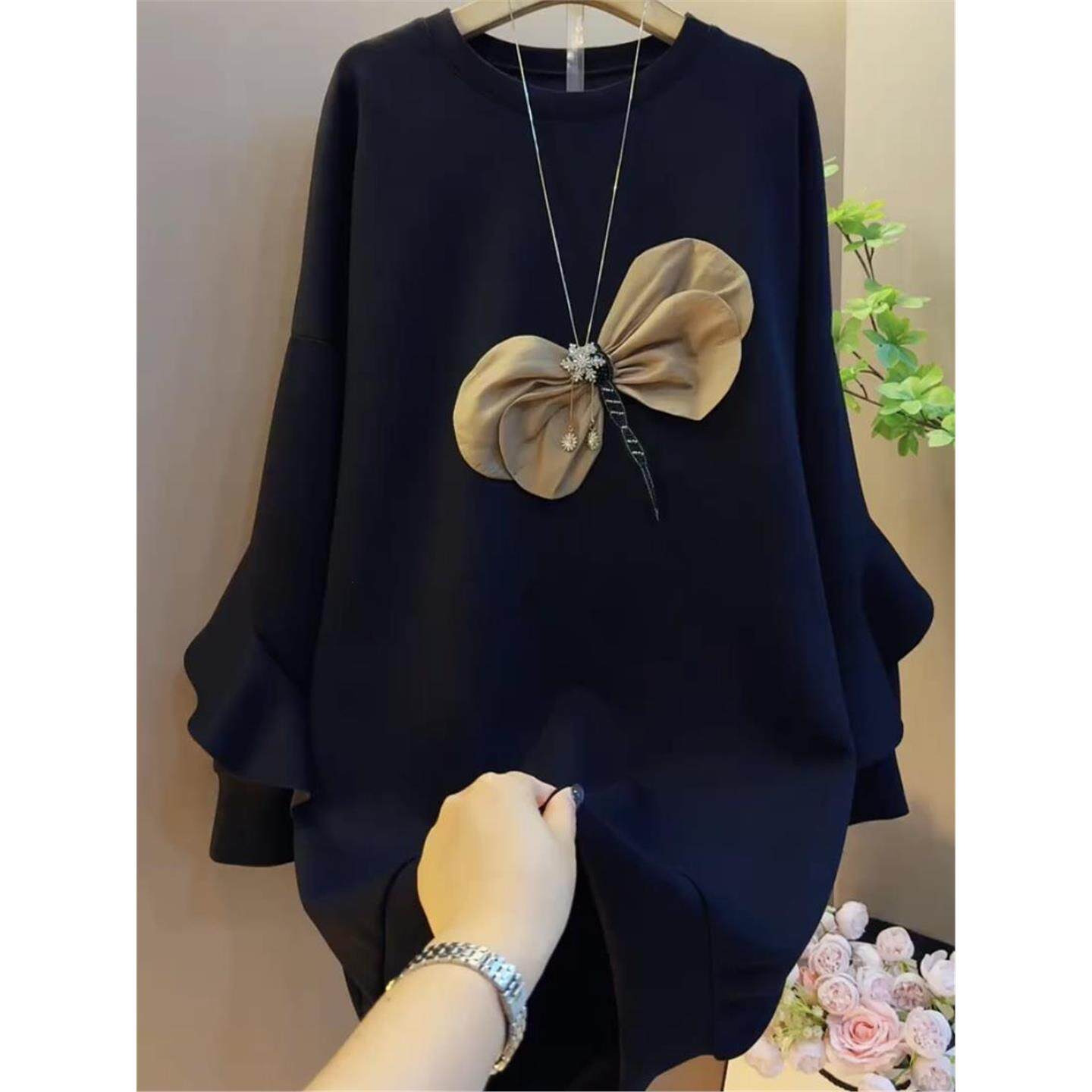 大码女装2025秋冬新款黑色中长款卫衣女显瘦胖妹妹胖mm宽松百搭