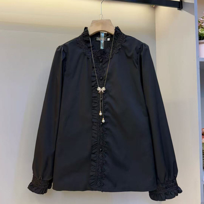 大码女装秋冬时尚法式浪漫风蕾丝木耳边长袖衬衫女韩版打底衬衫潮