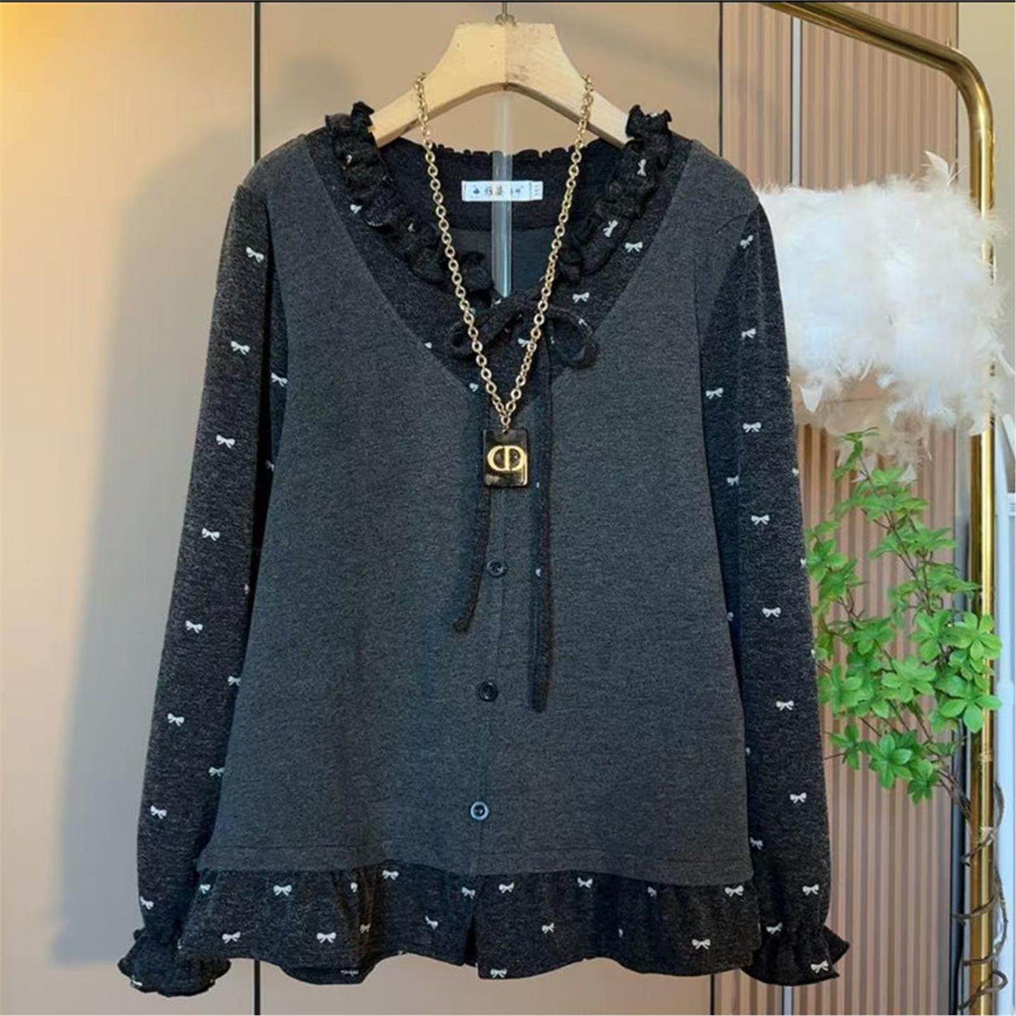 大码女装春季时尚花边蝴蝶结长袖上衣洋气拼接假两件灰色内搭衫潮,女装/女士精品,大码内搭,淘宝优惠券,粉丝福利购,淘宝优惠卷