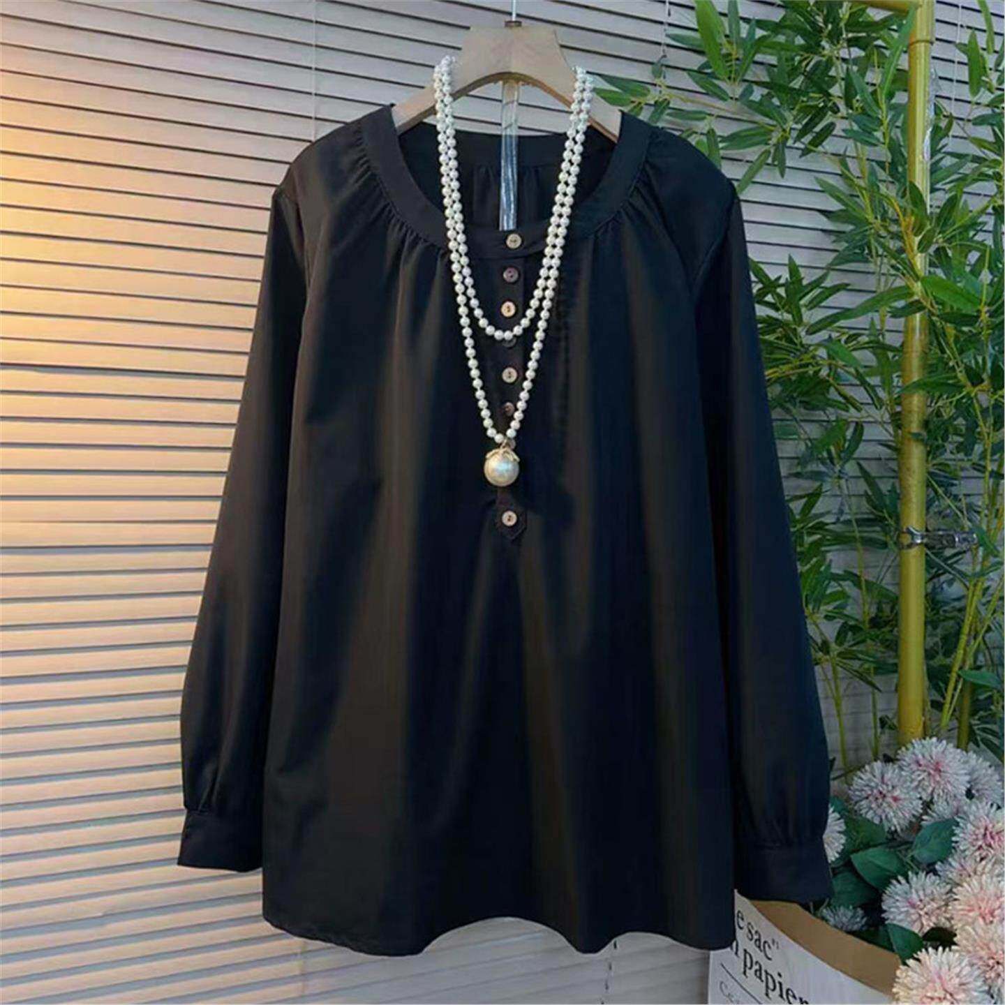 大码女装春季新款休闲时尚黑色长袖方领大衫女韩版宽松遮肉上衣潮