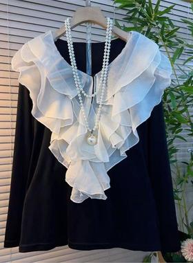 大码女装秋冬新款时尚韩版洋气花边拼接长袖打底衫黑色荷叶边上衣