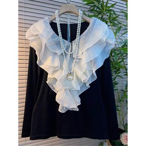 大码女装秋冬新款时尚韩版洋气花边拼接长袖打底衫黑色荷叶边上衣