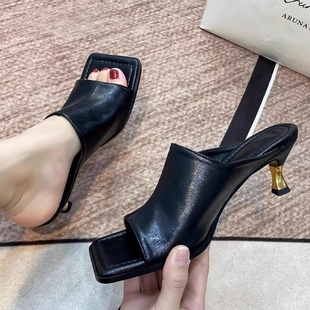 女款 2025年新款 复古方头高跟凉鞋 夏季 细跟露趾性感法式 外穿凉拖鞋
