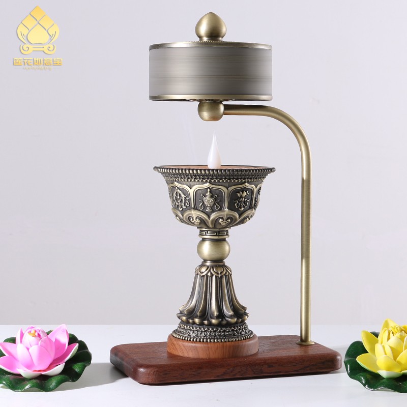 藏式电子酥油灯充电烛台八吉祥火转转动轮吉祥转金简燃灯法轮摆件