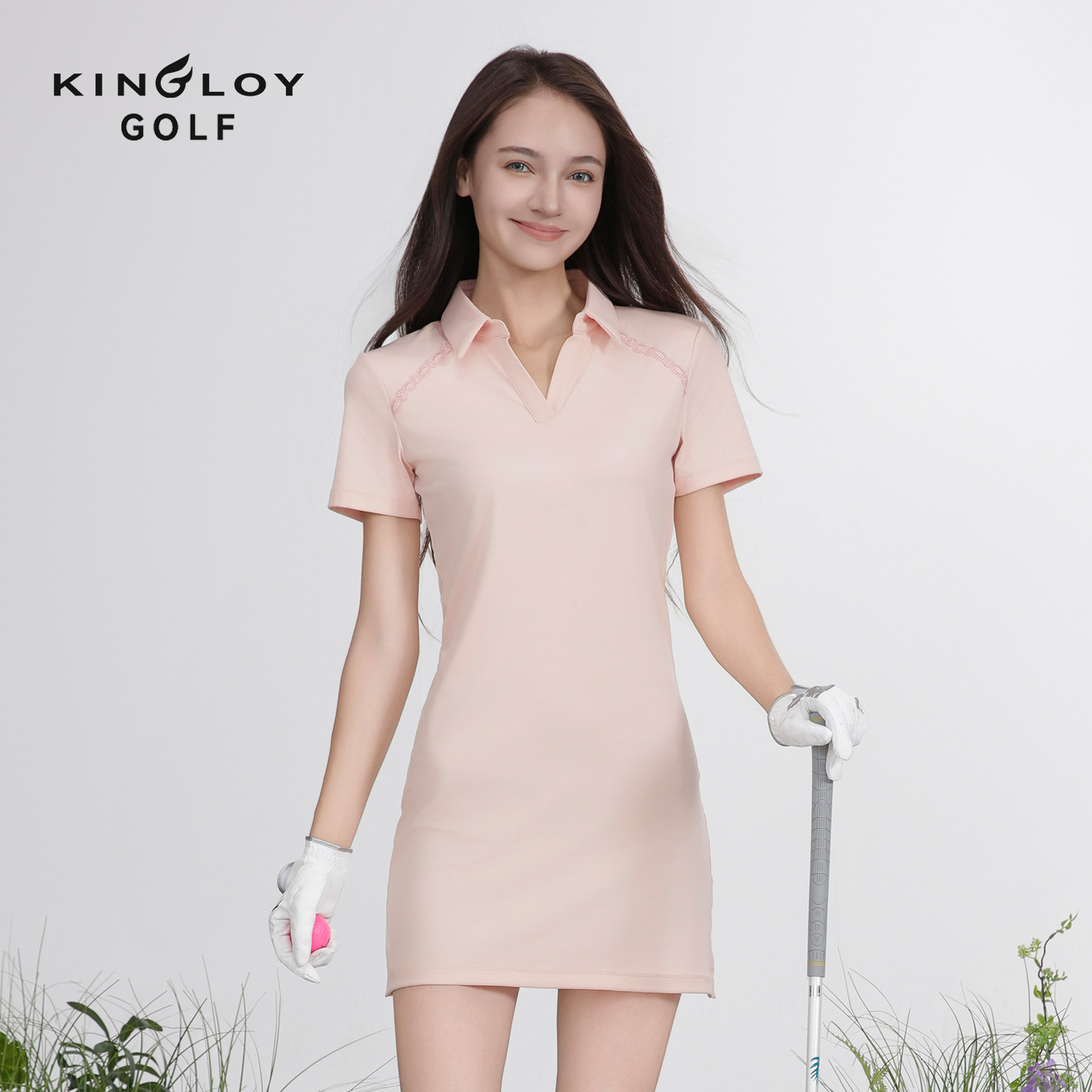 KINGLOY高尔夫服装女夏蕾丝拼接运动连身短裙新款翻领短袖连衣裙