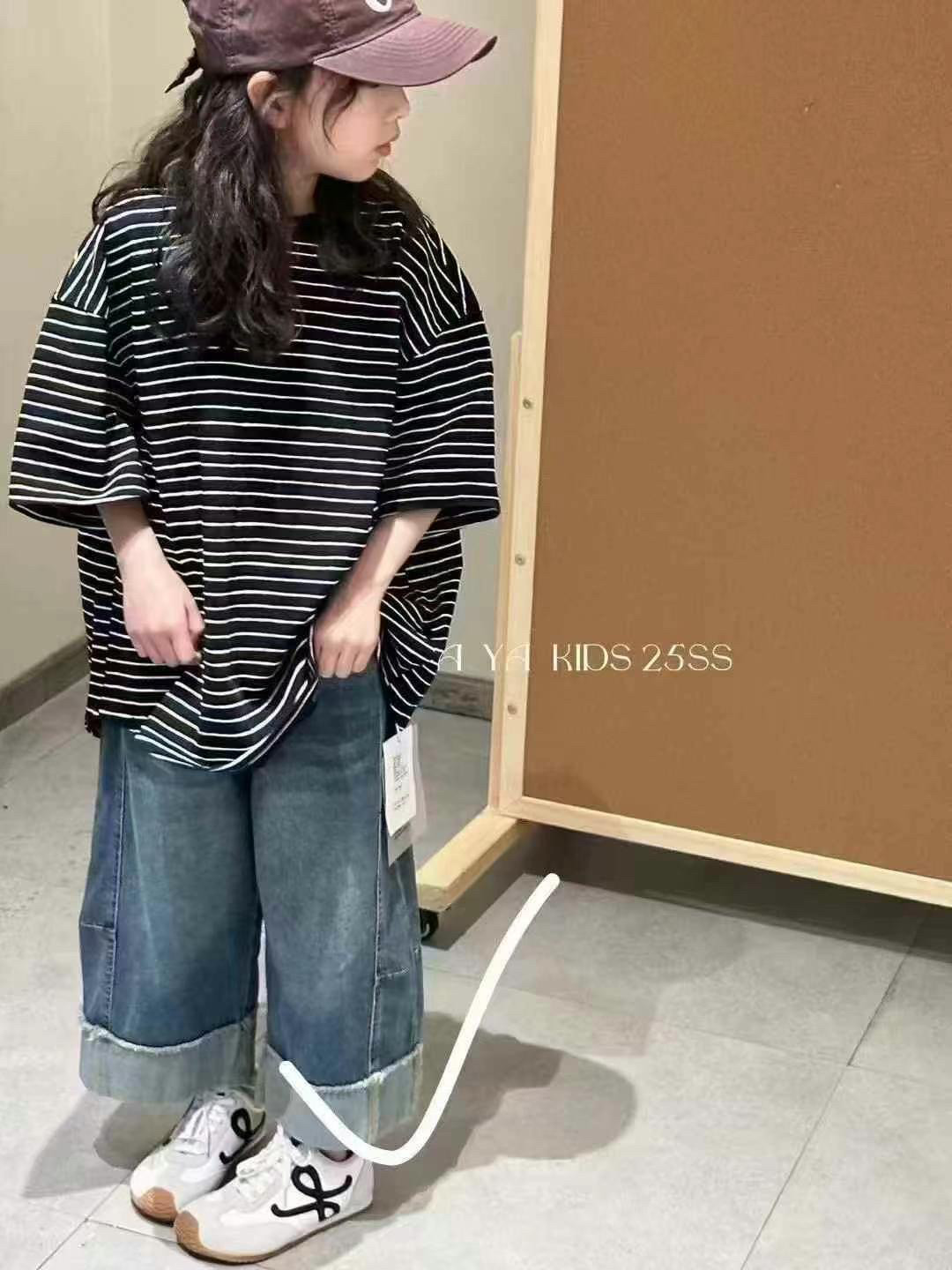 波拉韩国2025夏款牛仔裤女孩翻边九分裤休闲裤