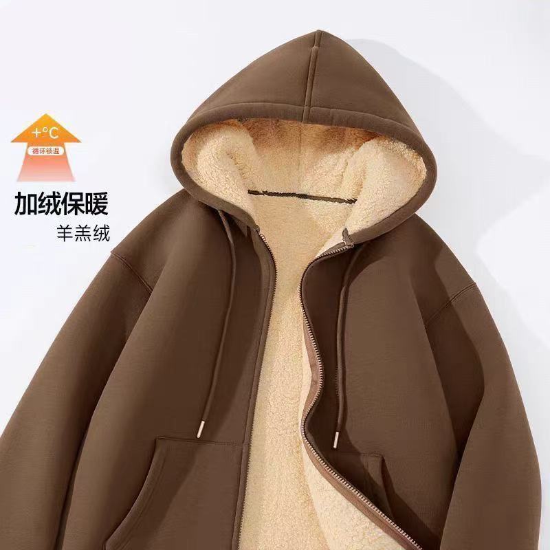 冬季特厚加绒男生新款复古简约纯色休闲开衫卫衣百搭上衣服