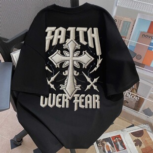 新款FAITH十字架印花短袖T恤男款重磅纯棉宽松小众黑色上衣