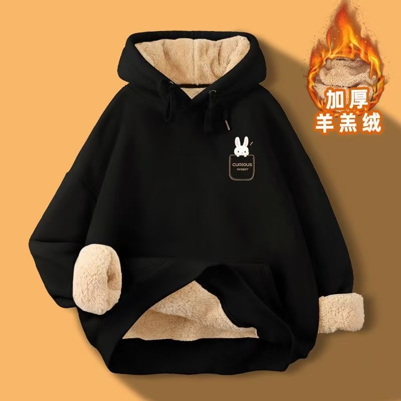 新款上衣潮连帽宽松加绒加厚保暖2025秋冬款羊羔绒青少年卫衣男