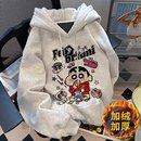 加绒宽松外套 复古卡通印花连帽卫衣男女秋冬季 2025新款 花灰色美式