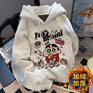 2025新款花灰色美式复古卡通印花连帽卫衣男女秋冬季加绒宽松外套