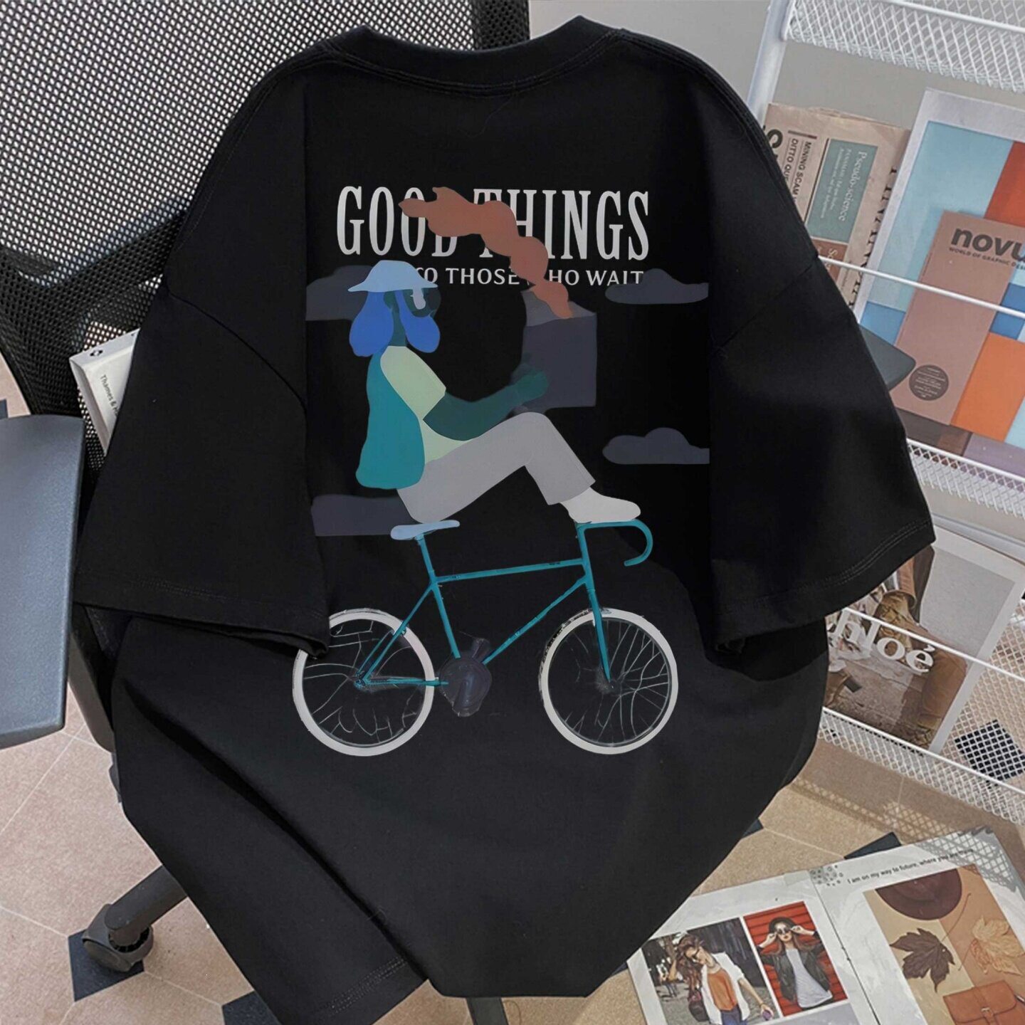 新款纯棉美式卡通风自行车印花短袖T恤男女情侣宽松重磅纯棉上衣