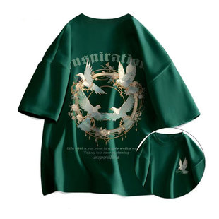 复古绿色ins上衣宽松休闲半袖 短袖 潮牌美式 新款 潮 t恤男2025夏季