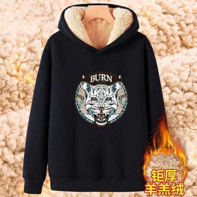 羊羔绒宽松上衣潮新款加绒加厚2025秋冬款保暖连帽青少年卫衣男